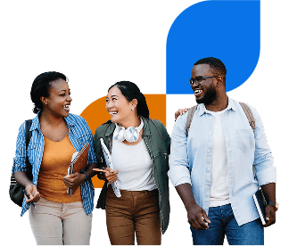 Three diverse IDP students laughing together while walking on campus, carrying books and wearing casual attire